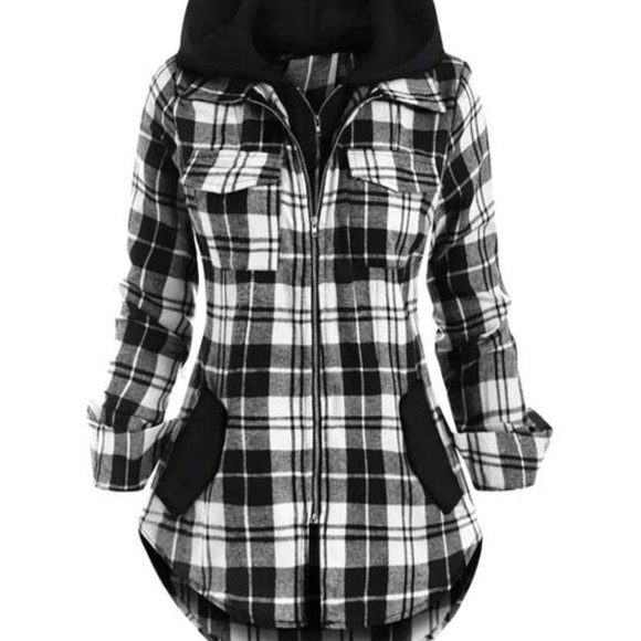 Plaid Drawstring Hem Zip Up Hooded Jacket